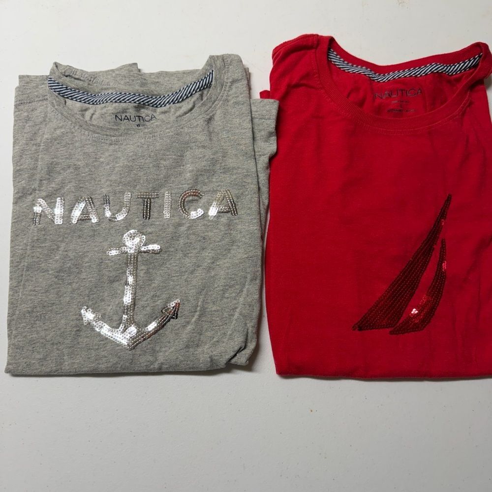 Nautica Gray Sequin Anchor Gray & Red Sequin Sailboat Tee 2 shirts bundle,